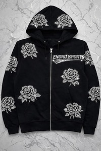 เสื้อฮู้ดพิมพ์ลายพัฟแบบกำหนดเอง – ลายดอกไม้สีขาว |   เสื้อฮู้ดซิปสีดำ |   ผู้ผลิต OEM เสื้อฮู้ดดีไซน์ลายดอกไม้ Snapdragon - Product Image 6