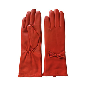 Red Leather <b>Gloves</b> With Bow Detail Wrist Length Sweet Style For Winter Casual Wear - Product Image 1