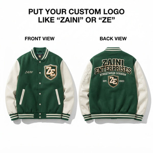 Veste universitaire en mélange de laine premium 450 GSM, manches en cuir PU vert et blanc, poignets en tricot côtelé, logo brodé personnalisé, style urbain - Product Image 1