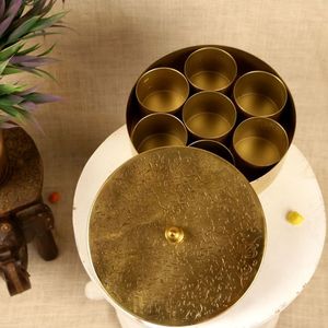 Round Brass <b>Masala</b> <b>Dabba</b> with Artistic Engraved Lid and Inner Containers Handmade <b>Spice</b> <b>Box</b> for Kitchen Hotel Restaurant Use - Product Image 1