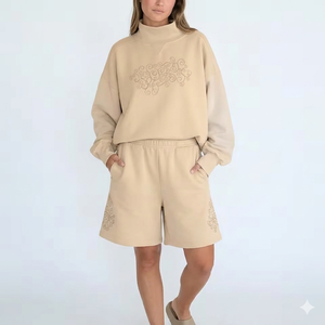 Conjunto de Top de cuello alto con pantalones cortos para mujer, cálido, acogedor, cómodo, de ajuste relajado, elegante, para uso diario, ropa moderna - Product Image 1