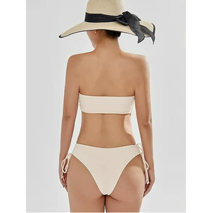 Conjunto de Bikini de Dos Piezas para Mujer, sin Tirantes, Acanalado, con Lazos Laterales, Color Sólido, Logotipo Frontal, Alta Elasticidad, Top y Braguita - Product Image 5