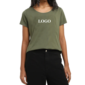 Camiseta Corta de Moda para Mujer, Color Verde Oliva, Cuello Redondo, Manga Corta, Logotipo Estampado, Corte Holgado Informal, 100% Algodón, para Primavera/Verano - Product Image 1