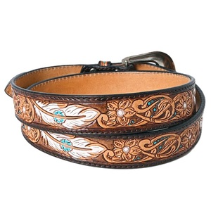 Cinturón de cuero vacuno occidental con diseño floral pintado, hebilla de pin, estilo casual, duradero, hecho a mano, unisex. - Product Image 1