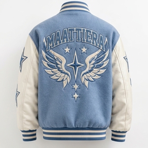Men <b>Jacket</b> Light Blue Cream Embroidered Lettering <b>Stars</b> Preppy Style Regular Fit Autumn Wear - Product Image 6
