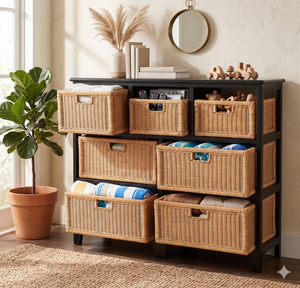 Modern Rattan <b>Basket</b> Chest Of Drawers Wooden Storage Cabinet Living Room Bedroom Wicker Dresser Organizing Furniture Buffet - Product Image 1