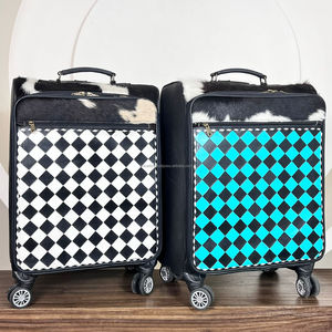 Premium Cowhide Checkered Leather Rolling Suitcases Custom Handmade Multi-Functional Travel <b>Trolley</b> Bag with Spinner Wheels - Product Image 4