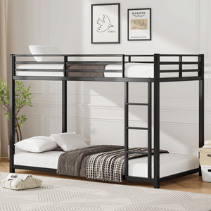 Twin Metal Bunk <b>Bed</b> with <b>Low</b> Ladder Sturdy Steel Construction Safe Design Easy Assembly Black <b>Bed</b> <b>Frame</b> - Product Image 1