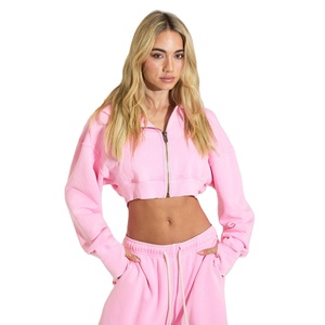 Custom Zip Relaxed Fit Heavy Weight Cotton Polyester <b>Fleece</b> Acid Wash Cropped Gym Fitness Streetwear Pink Sweat <b>Shirts</b> Custom - Product Image 1