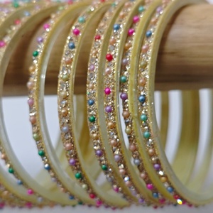 Luxury Multicolor Pearl Stone Golden Glitter <b>Glass</b> <b>Bangles</b> Set Handmade Traditional Indian Bridal Wedding Party Wear Jewelry - Product Image 6