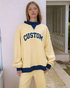 Sweat-shirt oversize pour femme, col rond, tricoté en coton, manches longues, couleur unie, avec bordure jaune et bleue, idéal pour l'automne - Product Image 5