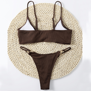 Ensemble bikini côtelé marron pour femme, haut triangle croisé à nouer, bas string, maillot de bain 2 pièces extensible et tendance - Product Image 6