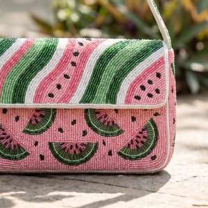 Bolso de Hombro Rectangular Bordado a Mano con Diseño de Sandía, Cuentas de Vidrio de Poliéster, Rosa Verde, Lavable, para Uso Diario - Product Image 4
