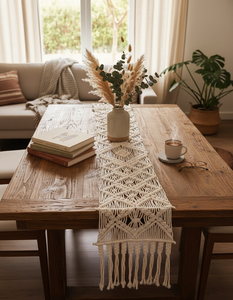 Chemin de table en coton macramé blanc fait main, taille personnalisée 14 x 78 pouces, style bohème, design noué moderne, pour la décoration de la maison - Product Image 6
