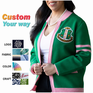 เสื้อคาร์ดิแกนผู้หญิงปักลายทางสีเขียวชมพู คอวี สไตล์พรีปปี้ แขนยาว ปิดซิป ผ้าถัก - Product Image 1