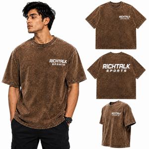Unisex Oversized <b>Collarless</b> Short Sleeve 100% Cotton Fleece Acid Wash Front Embroidered Logo Quick Dry Pocket Sporty Casual Soft - Product Image 1