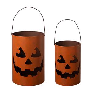 Bougie votive en métal fer forgé brun rouillé avec visage de citrouille pour la décoration d'Halloween, porte-bougie votif - Product Image 3