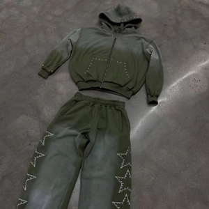 Men's Hooded Casual Solid Tracksuit Regular Fit Vintage Flared Sweats <b>Set</b> Rhinestone Cut and <b>Sew</b> Drawstring - Product Image 5