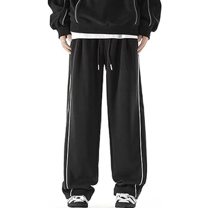 Pantalon de survêtement en molleton épais noir délavé pour homme, avec bande latérale blanche, taille élastique et cordon de serrage, coupe décontractée ample, idéal pour l'automne - Product Image 2