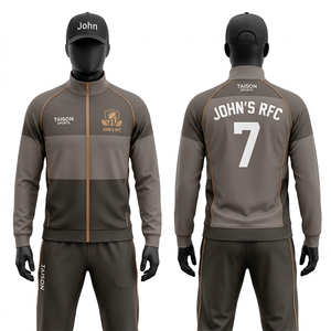Survêtement de rugby pour homme, tissu en maille polyester haute qualité 240 GSM, rouge et or avec empiècements contrastants, logo brodé personnalisé par transfert thermique. - Product Image 4