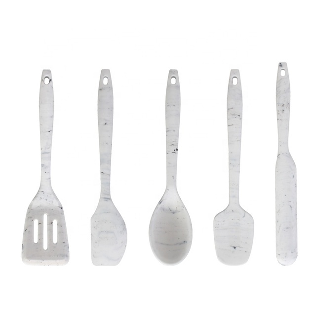 Maisons 5pcs Kitchen Cookware Utensils Set Marble Texture Cooking Gadget Tools Silicone Rubber Spatula Spoon Turner
