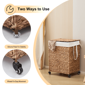 Cesto para Ropa Sucia de 100L, de 2 Secciones, Tejido con Jacinto de Agua Natural, con Tapa y Ruedas para Mayor Comodidad - Product Image 5