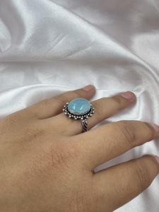 Natural Blue Chalcedony Oval Silver Plated Ring Handmade Statement Gemstone Ring Vintage Adjustable Fashion Jewelry for Women - Product Image 3