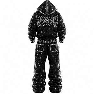 Conjunto de Sudadera con Capucha y Pantalones de Chándal Unisex con Estampado de Logotipo Personalizado, Tallas Grandes, Estilo Urbano, Negro, Oversize, con Cremallera, Pedrería, Hip Hop, Forro Polar de Invierno - Product Image 3