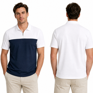 Camiseta Clásica de Cuello Alto con Cierre de Cremallera para Hombre, Tejido de Poliéster, Logotipo Frontal, Secado Rápido, Alta Calidad, Corte y Confección de Primera, Color Azul Marino y Blanco - Product Image 3