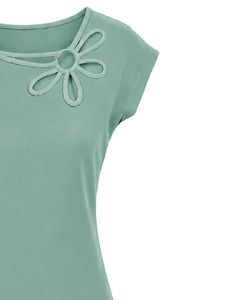 Manufacturer Mint Green Women Casual Summer Blouse Elegant Flower Neck Short Sleeve Fashion Loose Fit Daily Wear <b>Top</b> Shirt - Product Image 4