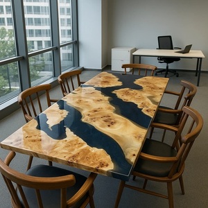 Table rectangulaire moderne en bois et résine avec incrustation de bois naturel, mobilier de bureau intérieur, design durable - Product Image 1