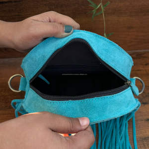 Cuero de gamuza estilo occidental bota Stich nuevo diseñador redondo flecos bolso de mano gran oferta Color turquesa bohemio bolso de mujer - Product Image 6