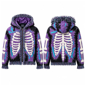 Purple <b>Gothic</b> Skeleton Print Hooded Zipper Sweatshirt Women Winter Warm Faux Fur Lined Knitted <b>Jacket</b> Regular Fit - Product Image 1