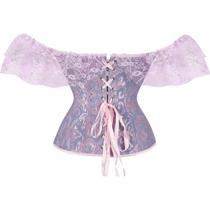 Corsé de mujer con hombros descubiertos, volantes de encaje y lazo en tela estampada morada y azul, diseño moldeador firme para adultos - Product Image 2