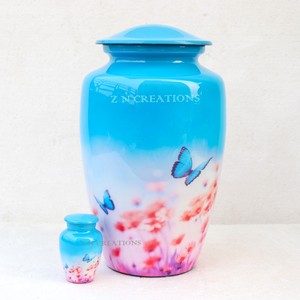 Fabricant d'urnes funéraires, urnes funéraires avec image de jardin de papillons célestes pour cendres humaines, urne à cendres en laiton personnalisée - Product Image 2