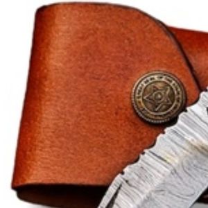 Cuchillos Plegables de Caza con Hoja de Acero con Patrón Damasco, Mango de Madera Hecho a Mano, Empuñadura Decorativa de Metal y Funda de Cuero para Camping - Product Image 4