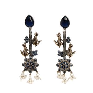 Boucles d'oreilles pendantes en laiton plaqué argent antique oxydé ARTS JEWELS, serties d'une pierre d'onyx bleu, style bohème, fleur, cadeau de fiançailles - Product Image 1