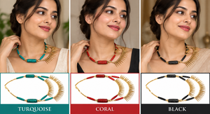 Collier artisanal léger et écologique en pierre turquoise et pointes dorées, style bohème |   Bijoux vintage à double couche pour femmes - Product Image 2