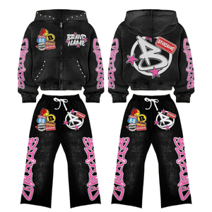 Conjunto Deportivo Personalizado Y2K con Parches Bordados Lavados al Ácido, Sudadera con Capucha y Pantalones Anchos de Estilo Urbano Hip Hop para Hombre - Product Image 1