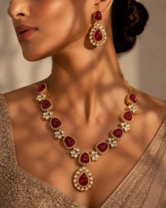 <b>Ruby</b> Hand Carved Gold Plated Brass Bridal Jewelry Set Traditional Indian Wedding Party Wear Statement <b>Necklace</b> IGI Certified - Product Image 2