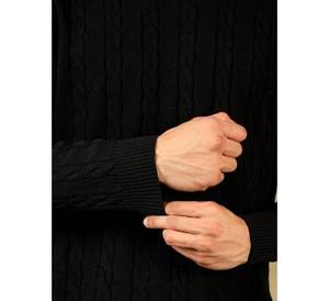 Pull en maille torsadée à col roulé pour homme, coupe ajustée, couleur unie noir, col haut, pull chaud pour l'automne et l'hiver - Product Image 1