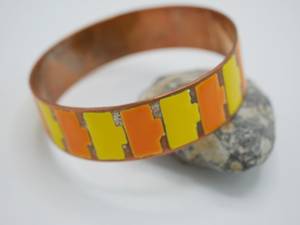 Luxury Handmade Copper Enamel Open Wristband Bangle Bracelet with Geometric Pattern Orange/Yellow Colorful Design <b>Gift</b> Set - Product Image 1