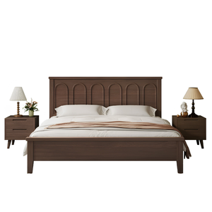 Mid Century Teak Wood Bed <b>Frame</b> with Embossed <b>Arch</b> Panel Headboard - Product Image 1