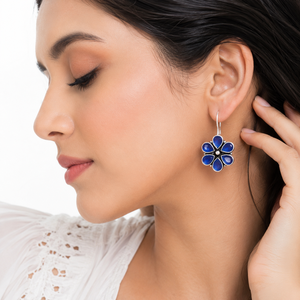 Oxidized <b>Silver</b> Bohemian Flower Drop <b>Earrings</b> | Multi Color Stone Party <b>Earrings</b> | Handmade Indian Jewelry Bulk Supplier - Product Image 1