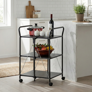 Black Steel Three-Tier Storage Cart with Four Wheels Movable Kitchen <b>Trolley</b> for Home Use - Product Image 3