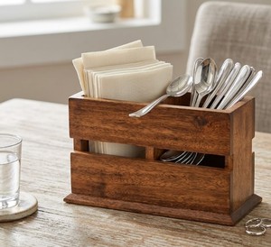 Acacia Wood Tabletop Cutlery <b>Caddy</b> with 2 Compartments Rustic Wooden Flatware Storage Organizer for Dining Table <b>Kitchen</b> Counter - Product Image 5