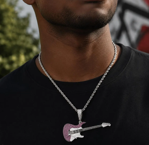 Collar con Colgante de Guitarra Iced Out, Cadena de Cuerda de Latón con Zirconia, Chapado en Rodio, Joyería Hip Hop para Hombre - Product Image 2