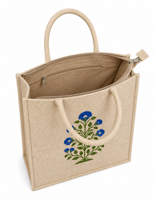 Sac fourre-tout en jute de qualité supérieure avec imprimé floral fait main, fermeture éclair, sac de courses écologique - Product Image 5