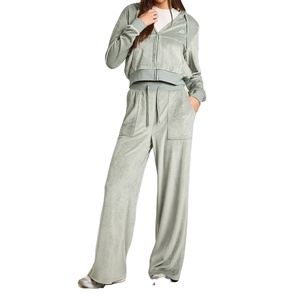 Ensemble 2 pièces : sweat à capuche court zippé en velours et pantalon large, coupe décontractée, streetwear, OEM ODM, marque privée - Product Image 1