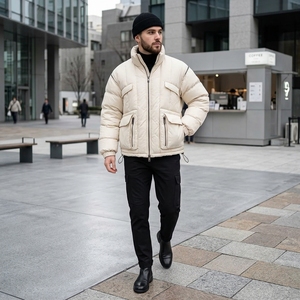 Men's Cream Color Puffer Jacket Winter <b>Coat</b> Zip Up Outdoor Streetwear Custom Private Label OEM ODM - Product Image 5